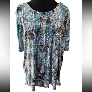 Links ladies medium rayon pleated front blue paisley pullover tunic top summer